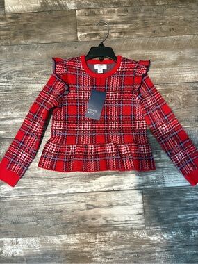 Crown & Ivy Girls' Red Plaid Ruffle Peplum Sweater Top
